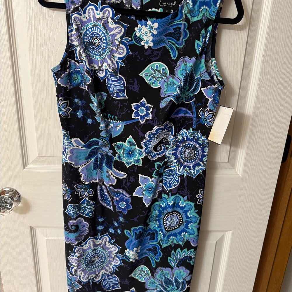 Connected Apparel Blue and Black Floral Midi Dress